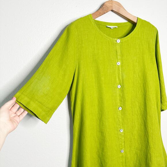 Brynn Walker Lime Green 100% Linen Tie Curved Hem Tunic Top women’s size medium - Picture 2 of 15